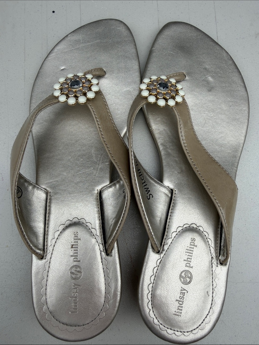 lindsay phillips Silver and Tan Jeweled Thong Sandals